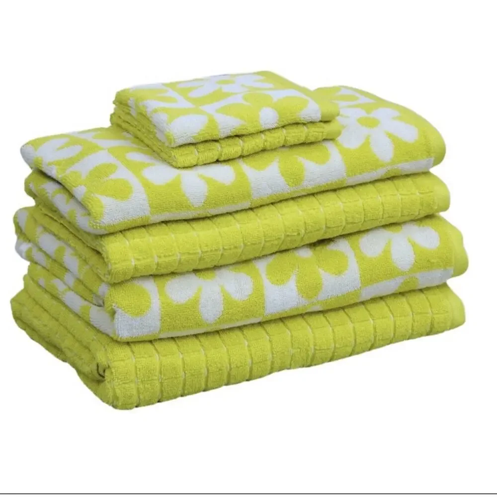 Kapoor Home 6-Piece Bath Towel Set Yellow & White Daisy & Solid Cotton Quick Dry